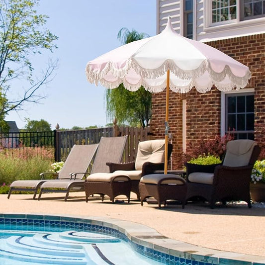6.5ft Pagoda Beach Umbrella with Fringe, UPF 50+ Boho Umbrellas with Carry Bag, Premium Wood Pole Foldable Tassel Umbrella for Outdoor Garden Lawn Pool Yard Table