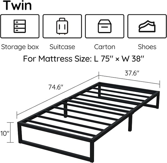 10 Inch Twin Bed Frames, Metal Platform Mattress Foundation with Steel Slat Support, No Box Spring Needed, Easy Assembly, Black