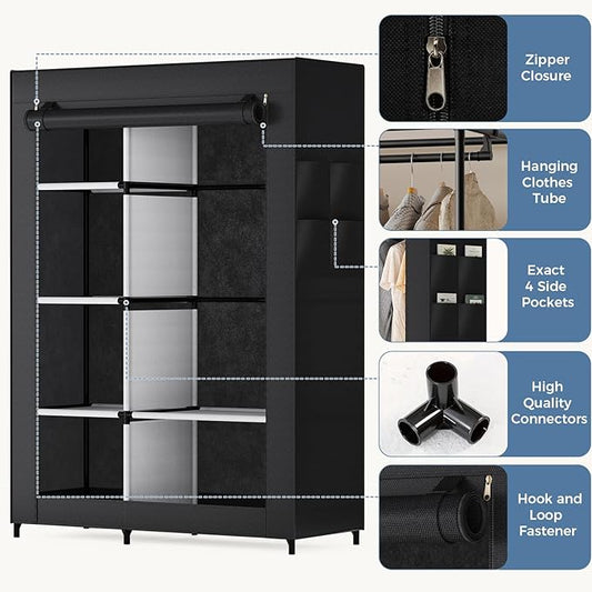 DUMOS Portable Wardrobe Closet with Cover, Freestanding Portable Garment Rack, Portable Closet Wardrobe for Clothes Storage, Clothes Organizer for Bedroom, Dorm, Apartment, Black.