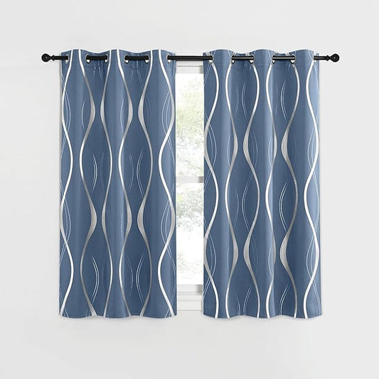 NICETOWN Stone Blue Blackout Curtains 54 inch Long Small Panels, 42 Inch Wide, Window Treatment Thermal Insulated Wave Line Foil Print Design Drapes for Kitchen, Cafe, Loft, Set of 2