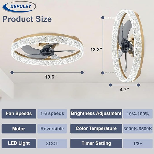 Depuley Ceiling Fans with Lights and Remote: 20" Modern Low Profile Flush Mount Ceiling Fan with App Remote Control - Gold Fandelier for Bedroom Living Room Kitchen Dimmable Quiet DC Motor