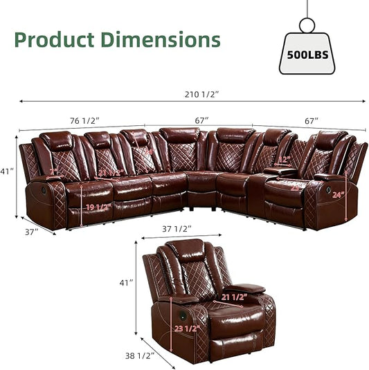 Power Reclining Sectional Sofa for Living Room – Brown Leather Reclining Sectional Couch, Storage Console & Cup Holders with LED Lights, Power Recliner Sofa for Family Use