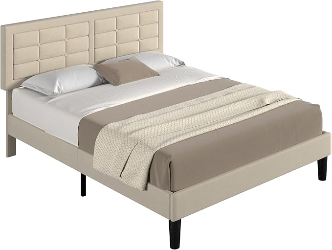 VECELO Full Size Bed Frame with Adjustable Headboard, Upholstered Button Tufted Platform Bedframe with Wood Slats Support, No Box Spring Needed, Beige