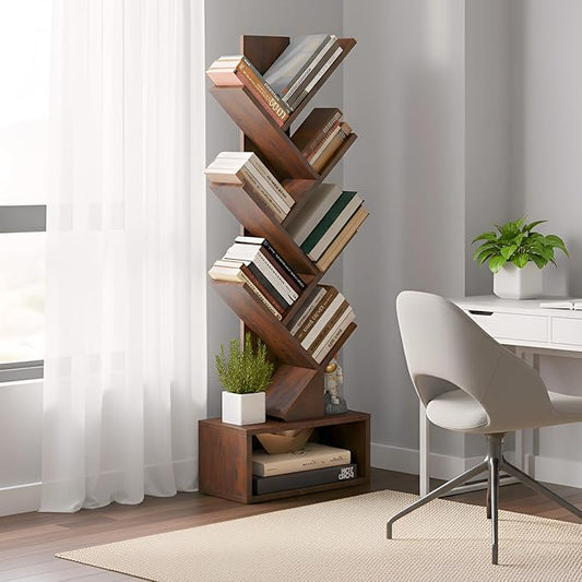 FDW 7 Tier Tree Bookshelf, Rustic Brown Floor Standing Bookcase with Storage Cabinet, Tall Narrow Bookshelves Organizer for Bedroom/Living Room/Home Office Corner