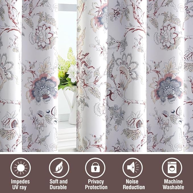 H.VERSAILTEX Blackout Curtains 63 Inch Length 2 Panels Set Floral Print Curtain Drapes for Living Room Thermal Insulated Grommet Window Curtains for Bedroom - Traditional Floral in Terracotta and Blue