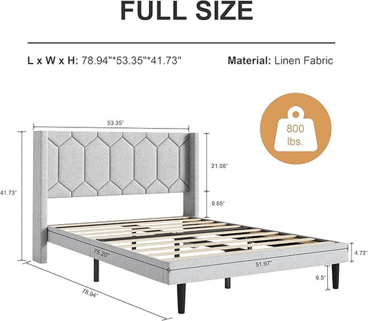 Full Size Bed Frame with Velvet Upholstered Headboard, Platform Bed Frame No Box Spring Needed, Modern Bedframe with Strong Wooden Slats, Light Gray