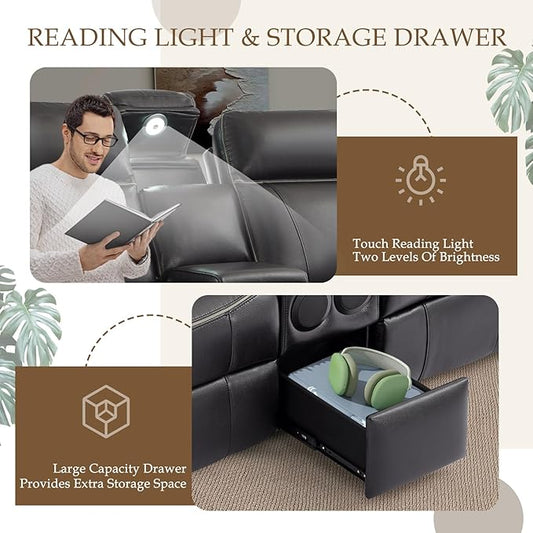 Power Reclining Sofa Set, Power Recliner Sofa and Loveseat Set with LED Light/Bluetooth Speakers, Electric Reclining Sofa Couch Living Room Set for Home, Office(Black, Sofa+Loveseat) | pu leather, Bluetooth Speakers, LED Light, outlets, Storage Drawer