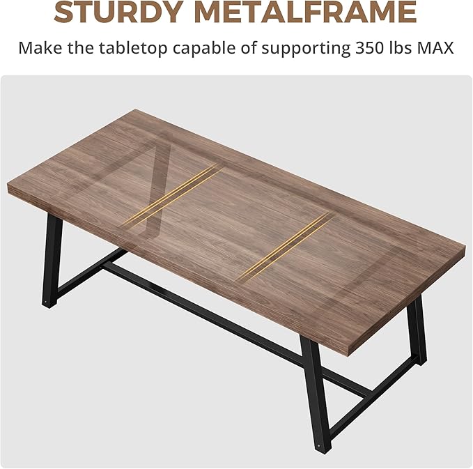 IRONCK 71" Dining Table for 6-8 People, Industrial Kitchen Table with Sturdy Metal Frame, Rectangular Brown Wood Dinner Table for Dining Room