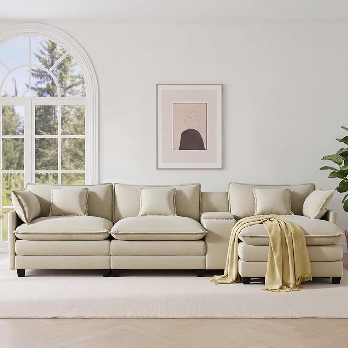 KISLOT 122" Oversized Modular Sectional Sofa,L-Shaped Cloud Couch with Movable Ottoman,Thick Cushions,4 Deep Seats with 5 Throw Pillows Sofa Couch Set for Living Room, Bedroom | Wood Frame