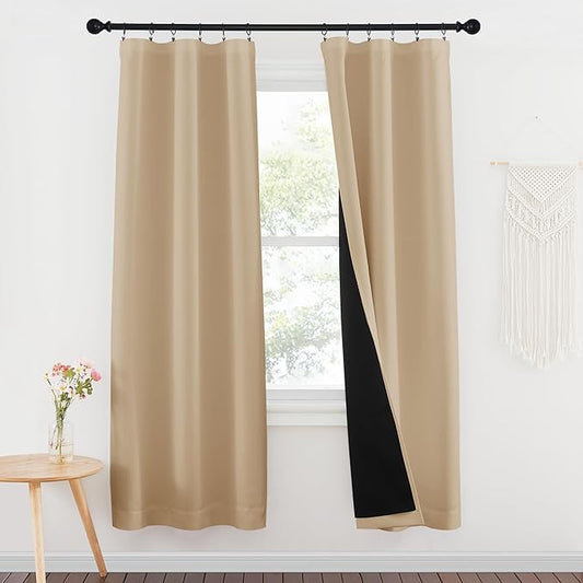 NICETOWN 100% Blackout Window Curtains, Rod Pocket Full Light Blocking Drapes with Black Liner for Nursery, 72 inches Drop Thermal Insulated Draperies (Biscotti Beige, 2 PCs, 37 inches Wide Per Panel)