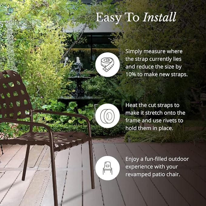 Patio Vinyl Strap Roll, Perfect for Patio Furniture, Pool, Lawn, Garden, Make Your Own Replacement Straps, 20 Free Fasteners, 2" Wide x 20' Length, Dark Brown