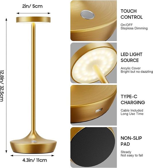 LED Cordless Table Lamp Rechargeable,Outdoor Battery Operated Desk Lamp Touch 3 Color Dimming Portable Waterproof Night Light for Patio/Restaurant/Dining/Home (Gold)