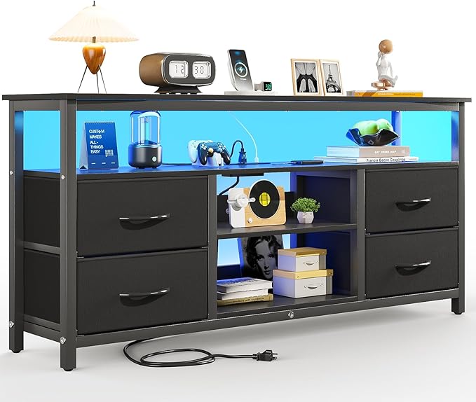 Haewon TV Stand for Televisions up to 65 Inches, Entertainment Center with LED Lights and Charging Station, TV Media Console Table with 4 Fabric Drawers and Open Shelf for Living Room, Black