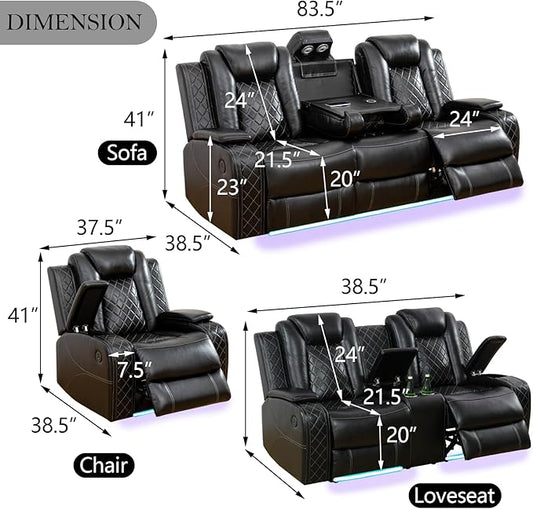 Power Recliner Sofa Set for Living Room, Leather Reclining Sofa Sets with Storage Console, Living Room Furniture Sets with LED Lights(Sofa, loveseat and Chair,Black)