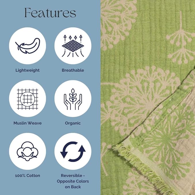 InfuseZen Turkish Blanket with Dandelion Flower Print – Muslin Weave Reversible Throw Blanket – 100% Cotton - Breathable, Thin and Lightweight Gauze Throw Blanket – Large 92” x 65” (Olive/Beige)
