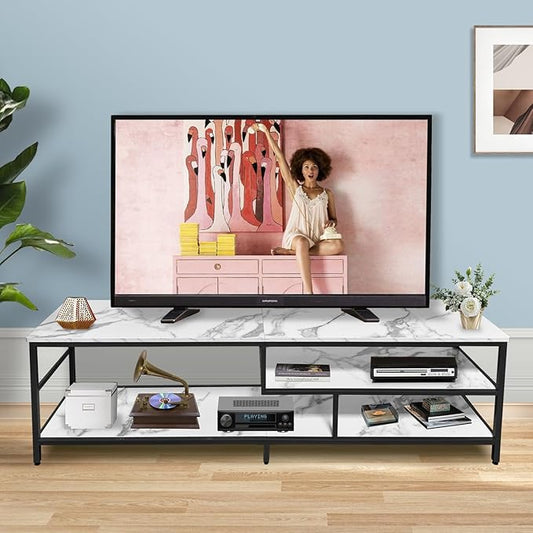 AT-VALY TV Stand for 55-75 inch TVs, Metal&MDF TV Stand with 3-Tier Storage Shelves for Living Room, Entertainment Center with Storage Cabinets (Black)