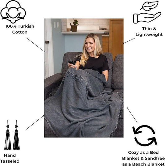 Stonewashed Turkish Throw Blanket - 100% Organic Cotton - 80" x 48" - Soft, Lightweight, Cozy - for Couch, Sofa, Picnic, Yoga - Charcoal Grey