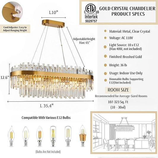 Gold Crystal Chandelier for Dining Room, 35.4" Modern Luxury 2-Tier K9 Crystal Oval Chandelier, 10-Light E12 Base Pendant Light, Height Adjustable for Kitchen Island Living Room Light Fixture