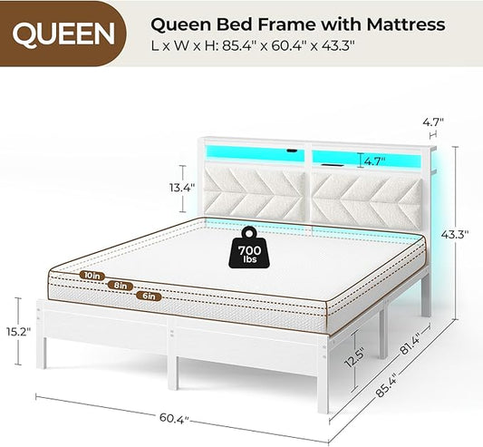 Seventable Bed Frame Queen Size with Charging Station, LED Bed with Upholstered Storage Headboard - 8 Inch Gel Memory Foam Mattress, Fiberglass Free, Breathable & Pressure Relief