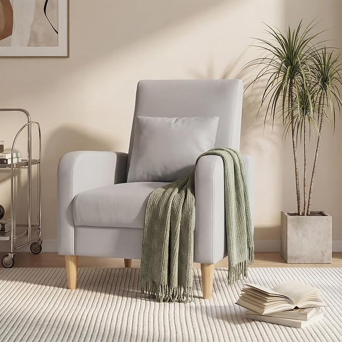 COLAMY Faux Leather Accent Living Room Chairs Set of 1, Upholstered Arm Chair Reading Side Chair, Single Sofa with Back Pillow and Wood Legs, Light Grey
