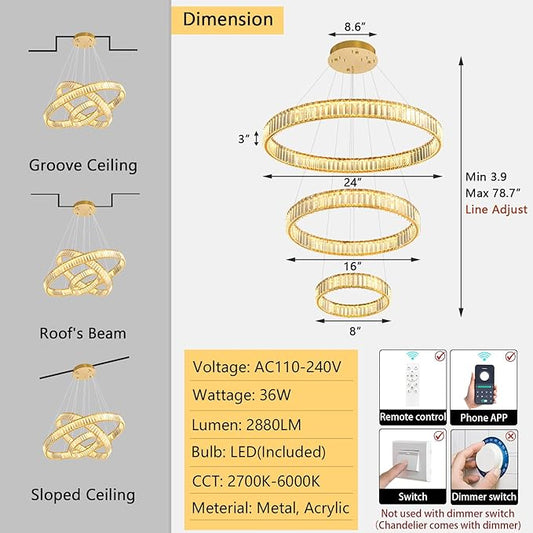 8''+16''+24'' Modern Ring Chandelier Crystal Chandeliers for Dining Room Round LED Dimmable Ceiling Light Fixture for Living Room Bedroom Lighting Gold
