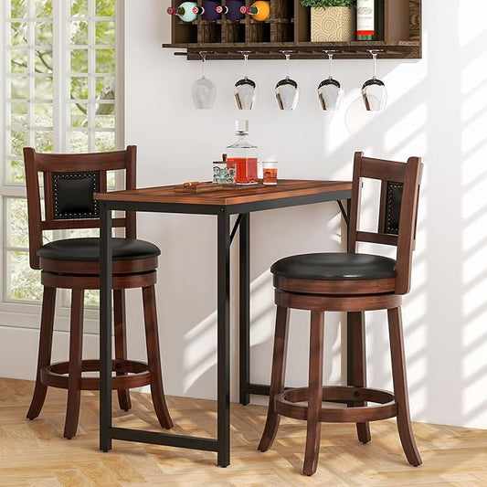 GOFLAME 25.5” Upholstered Bar Stools Set of 2, Swivel Counter Height Barstools with Curved Backrest & Footrest, Solid Rubber Wood Bar Stools for Kitchen Island, Bar Counter, Cafe, Dining Room