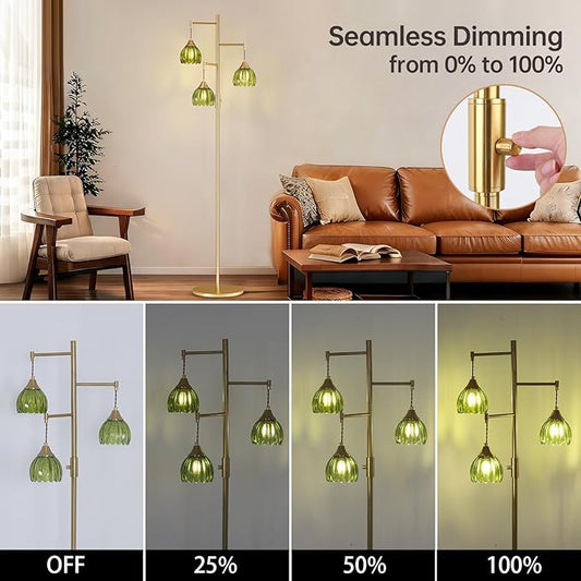 Dimmable Floor Lamp for Living Room, Bedroom, Gold Standing Lamp with 3pcs 6W Bulbs, Vintage Brass Floor Lamps for Corner, Nursery (Green Tulip)