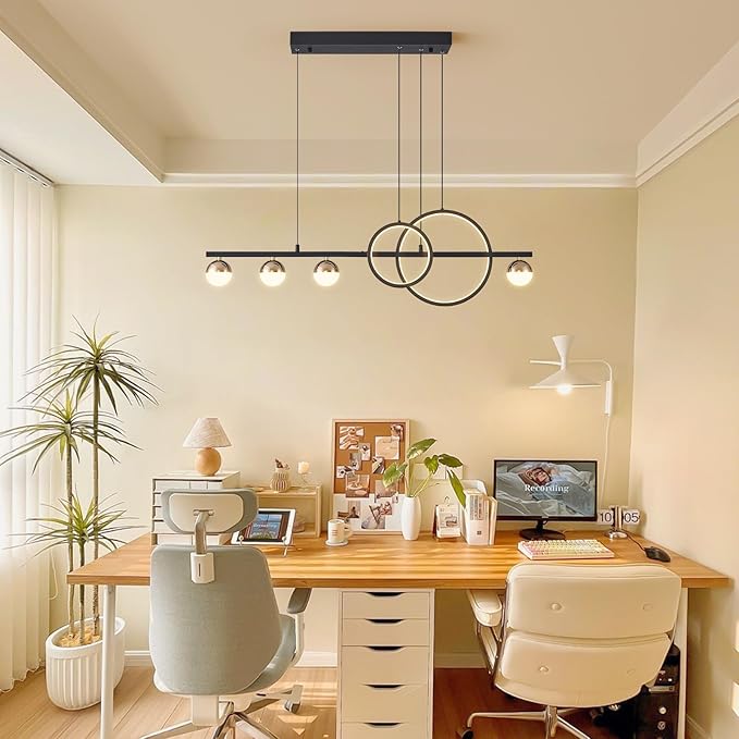 Modern Black Gold Chandeliers for Dining Room, Dimmable LED Chandelier Linear Pendant Light for Kitchen Island, 39in Globe Haning Pendant Chandelier Lighitng with Remote (2 Rings, 3000lm)