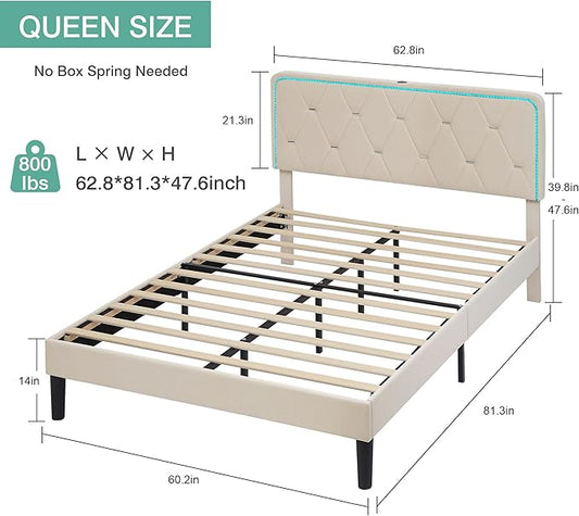 VECELO Upholstered Queen Bed Frame with Headboard Adjustable, Velvet Platform Bed with LED Lights, Charging Station, Mattress Foundation with Wooden Slats, Noise Free, No Box Spring Needed, Beige