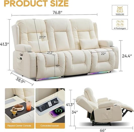 IPKIG Power Recliner Sofa with Flip-Up Backrest Console, USB & USB-C Ports, AC Outlet, LED Lights, Wall Hugger Recliners for Living Room, RV (Off Withe, 76.8" - 3 Seat) | Faux Leather, Zero Gravity, Dual Reclining, 2 Lumabr Pillow