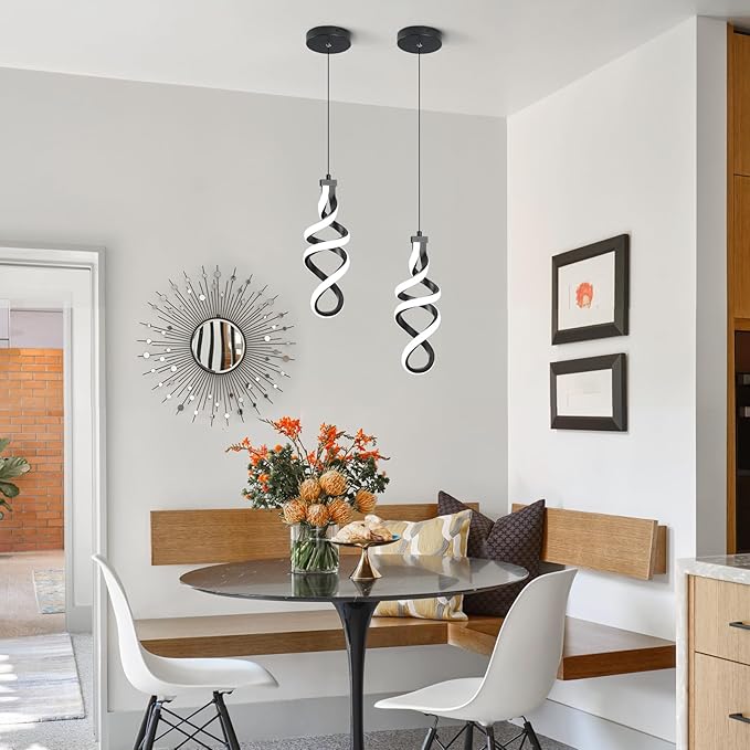 Modern Led Pendant Light Fixture, 15W Black Spiral Led Chandelier Hanging Lamp, 4500K Daylight White Pendant Lamp, Adjustable Height Pendant Light for Kitchen Dining Room Bedroom Kitchen Island Cafe