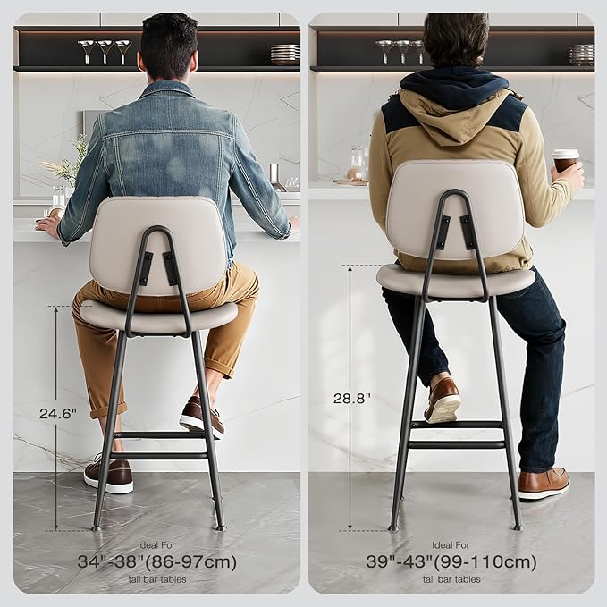 24-Inch Leather Bar Stools Set of 2, Counter Height Barstools with High Backrest,Bar Chairs for Kitchen Island with Heavy Duty Metal Base, Beige
