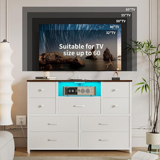 Dresser for Bedroom with 9 Drawers, White Storage Organizer TV Stand for 55" TV with LED Lights and Sockets, Fabric Chest of Drawers with PU Finish for Kid Room, Entryway, Living Room, Hallway