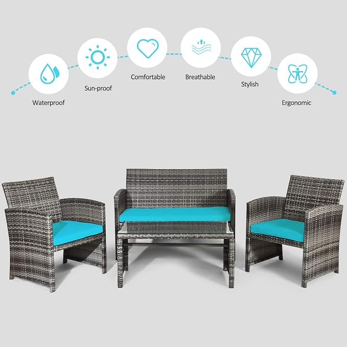 Tangkula 4 PCS Wicker Patio Conversation Set, Outdoor Rattan Sofas with Table Set, Patio Furniture Set with Soft Cushions & Tempered Glass Coffee Table for Poolside Balcony