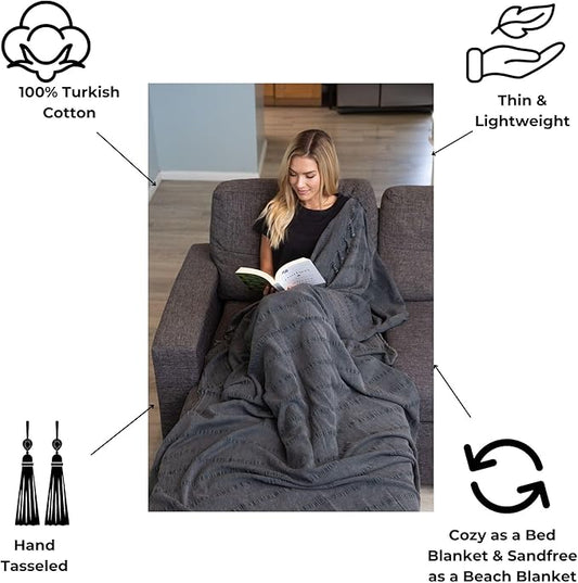 nfuseZen Large Stonewashed Turkish Throw Blanket - 100% Organic Turkish Cotton - 92" x 69" - Soft, Lightweight, Cozy - Love Seat, Sofa, Bed, Picnic, Yoga - Sand Free Beach Blanket - Charcoal Grey