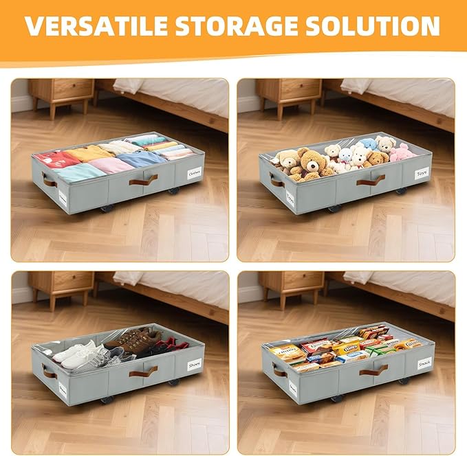 4 Pack Under Bed Storage– 30.5×17×5.5 Inch, Underbed Storage with Wheels Sturdy Sidewalls/Bottom, Clear Cover, Label and PU Handle, Rolling Under Bed Drawers for Clothes, Shoes, Toys, Blankets,Grey