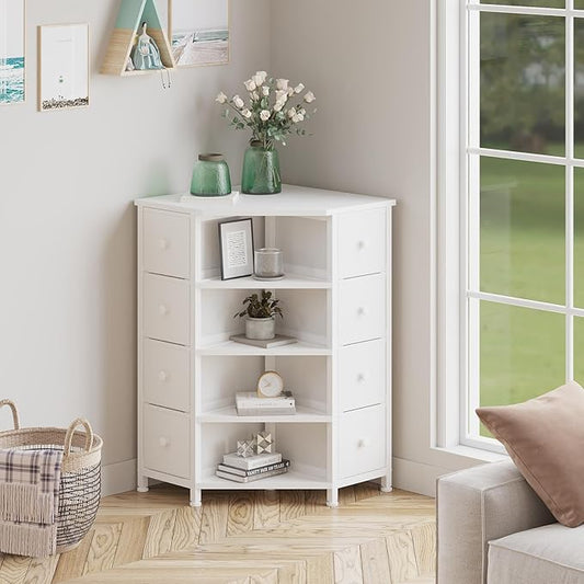 LUMTOK 8 Drawers Corner Dresser with Storage Fabric Drawers and Open Shelves for Small Space,Bedroom,Entryway,Living Room (White)