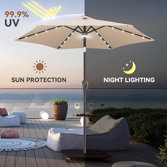 7.5ft Solar Umbrella Outdoor - Lighted Solar Patio Umbrella with 24 LED Lights Waterprool UV Protection, Table Umbrella with Tilt for Pool, Porch, Garden, Deck, Backyard (Beige)
