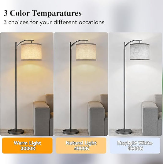 ROTTOGOON Floor Lamp for Living Room with 3 Color Temperatures LED Bulb, Standing Lamp Tall Industrial Floor Lamp Reading for Bedroom, Office (9W LED Bulb, Beige Lampshade Included) -Grey