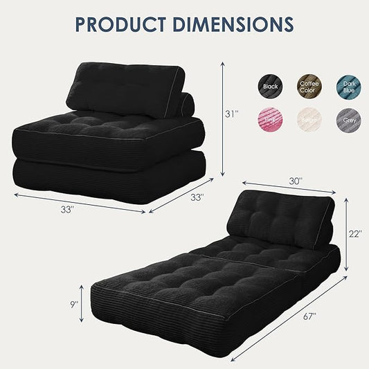 Folding Sofa Bed,Convertible Sleeper Chair for Adults, Folding Sofa Bed Foam Filling Couch with Pillow,Sleeper Chairs Single Size Floor Mattress,Black