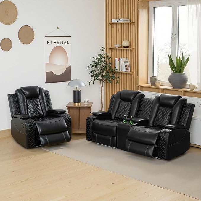 Breathing Leather Power Recliner Sofa Set, 2 Piece Leather Loveseat and Recliner Chair Set, Living Room Furniture Set with Storage Console/LED Lighting (Black, Loveseat+Chair)