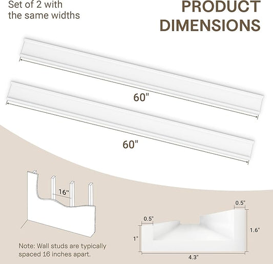 Fun Memories Long Wall Shelves Set of 2-60 Inch Floating Shelves for Wall - Picture Ledge Shelf with Lip for Storage - Wall - Mounted Shelves for Bedroom - Living Room - Kitchen - White Color
