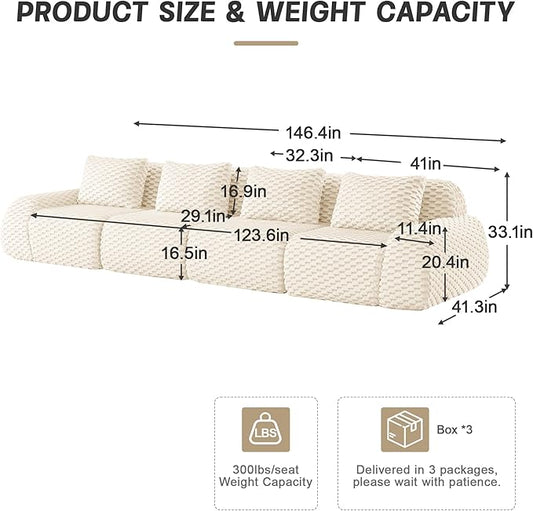 KEIKI 146" Oversized 4-Seater Boneless Couches for Living Room, Ultra Soft Modular Sectional Velvet Sofa, Deep Seat Cloud Comfort Lounge Couch No Assembly for Home Use, Modern Comfort Design, Cream