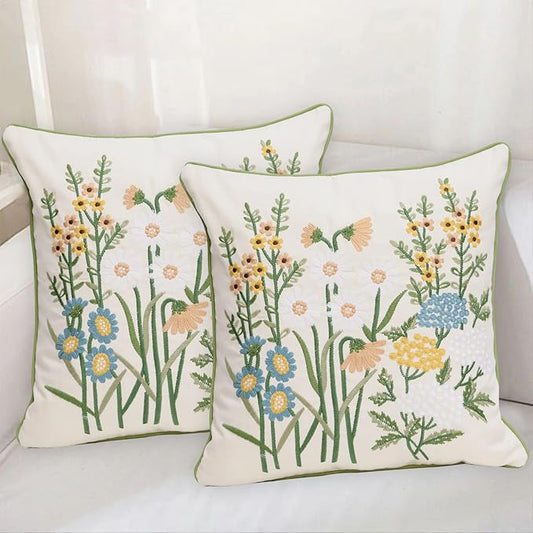 Set of 2 Embroidered Decorative Throw Pillow Covers Couch Square Pillowcases Cushion for Bedroom Sofa Farmhouse Decor 18x18 Inch (Yellow Daisy)