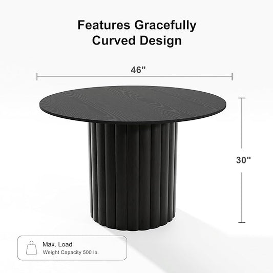 Casaphoria 46" Round Dining Table, Modern Wood Kitchen Table with Wide Column Pedestal Base for Living Room & Dining Room, Easy Assembly Farmhouse Furniture for 4-6, Black