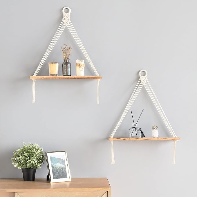 Dahey Macrame Hanging Shelf Boho Wall Decor Bedroom 2 Packs Rustic Wood Floating Shelves for Room Nursery Bathroom Living Room College Dorm Storage for Hanging Plants Photos, White
