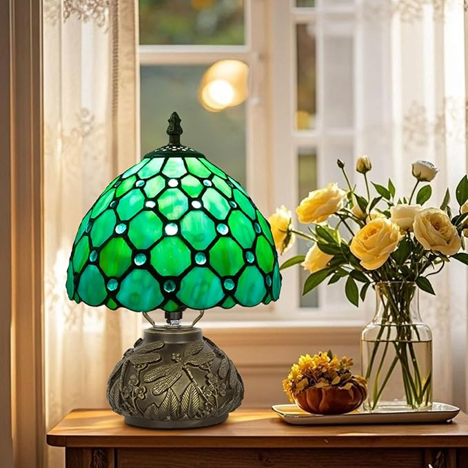 Small Tiffany Table Lamp,Stained Glass Lamp,8 Inch Mushroom Style Mini Vintage Desk Lights for Bedside, Bedroom,Nightstand,Living Room,3 Color Temperature (Blue)