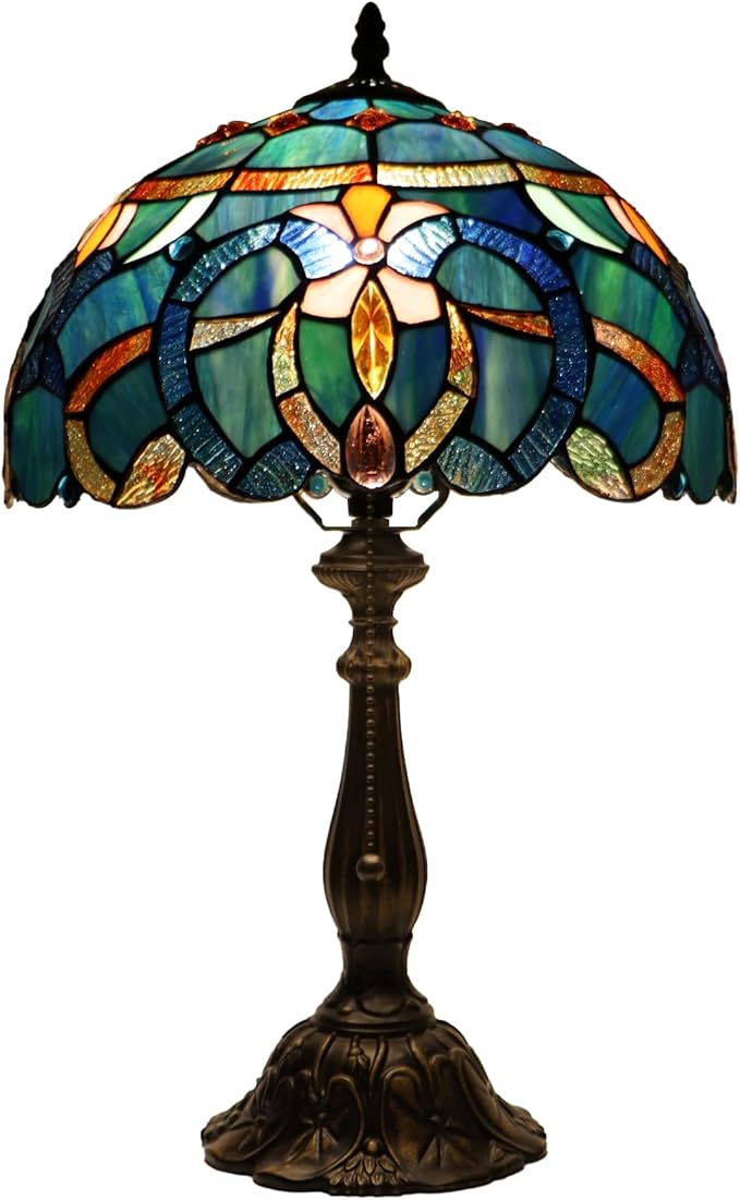 Tiffany Lamp Table Lamp Bedside Reading Light W12H19 Inches (Blue Baroque Style)