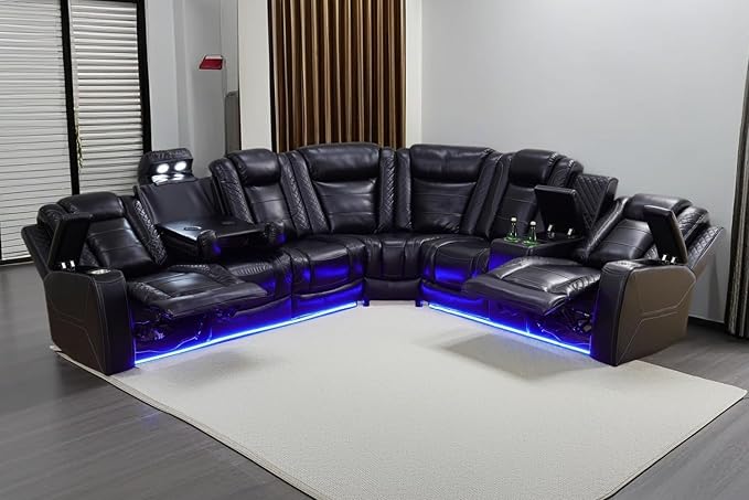 A Ainehome Power LED Furniture Reclining Sectional Couch, Living Room Recliner Adjustable Sofa, Loveseat and Chair with Storage Console for Living Room/Office/Home Theather(B-Black)