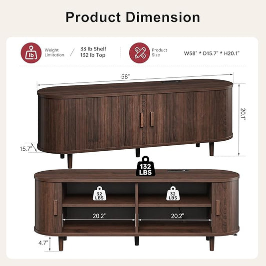 58" Mid Century Modern TV Stand, Wood TV Consoles with Sliding Doors and Power Outlet, Entertainment Center with Adjustable Shelves, Fluted TV Stands for Living Room, Walnut